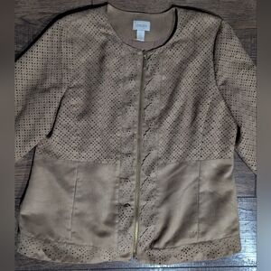 Chicos Womens Tan Faux Leather Zip Up Jacket Laser Cut Out Accents Size XL (2)